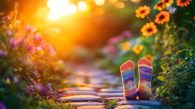 Romantic garden with crazy sock and blurred sunset for creative design