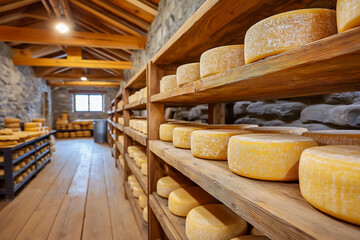 Rows of aging cheese wheels on wooden shelves in a rustic storage facility, showcasing the artisanal cheese-making process and the rich textures of the products	