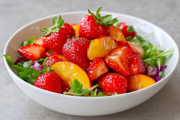 Fresh salad featuring vibrant strawberries, peaches, and mixed greens, elegantly presented in a white bowl, showcasing colorful ingredients and healthy eating lifestyle	