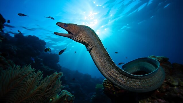 A moray eel swimming in the ocean with its mouth open near coral and other fish in the deep blue sea