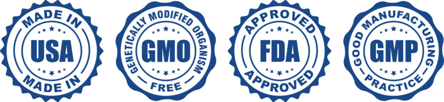 Set of 4 Product Badges &ndash; Made in USA, GMO Free, GMP Certified, Approved Label Vector Icons
