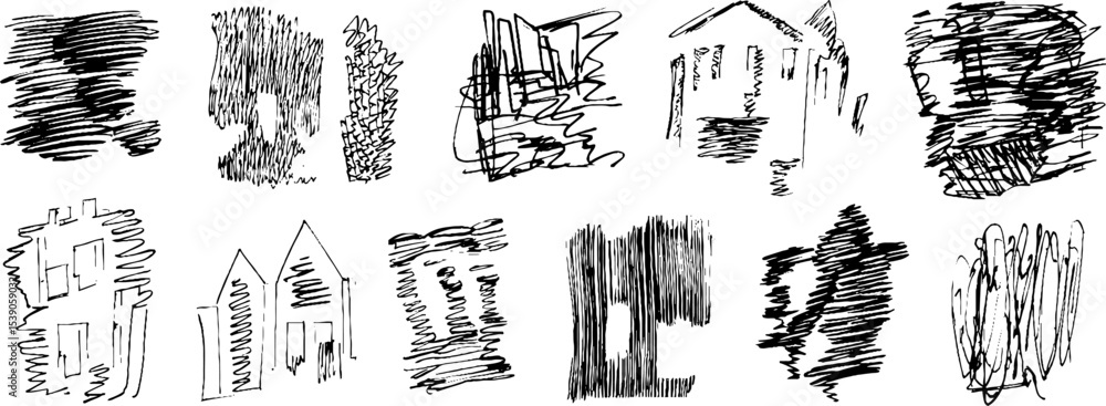Poster artistic interpretation of twelve fragmented structures in hand drawn ink style