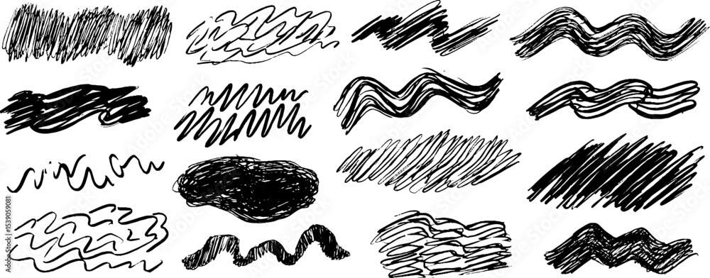Poster abstract collection of twelve fragmented wave scribbles in black and white design