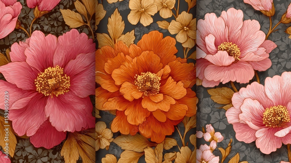 Poster three floral patterns with pink and orange flowers. the flowers are arranged in a way that creates a