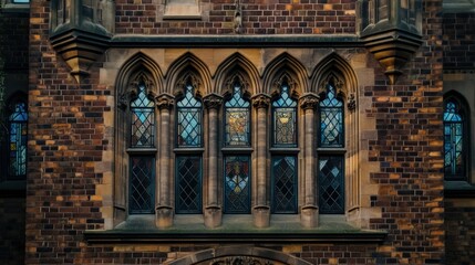 Obraz premium Gothic architecture showcases a row of stained glass windows within a wall