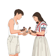 Illustrated Handdrawn Couple Exchanging Bracelets Traditional Attire Ceremony Scene