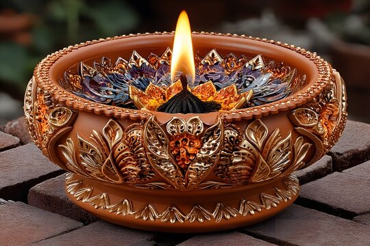 Handcrafted diya bowl featuring intricate gold patterns high resolution picture - Powered by Adobe