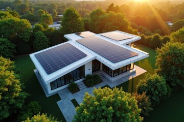 Drone capture showcasing contemporary home with sleek solar panels, nestled amidst verdant foliage and sunlight.