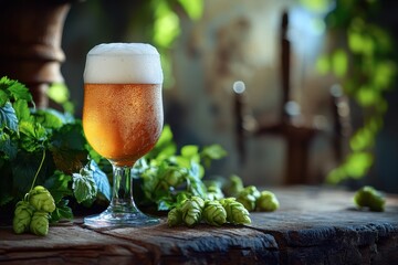 Traditional frosty Hopf beer glass resting on a rustic wooden table surrounded by fresh hops and green leaves, Traditional frosty Hopf beer glass on a wooden table, rustic and inviting