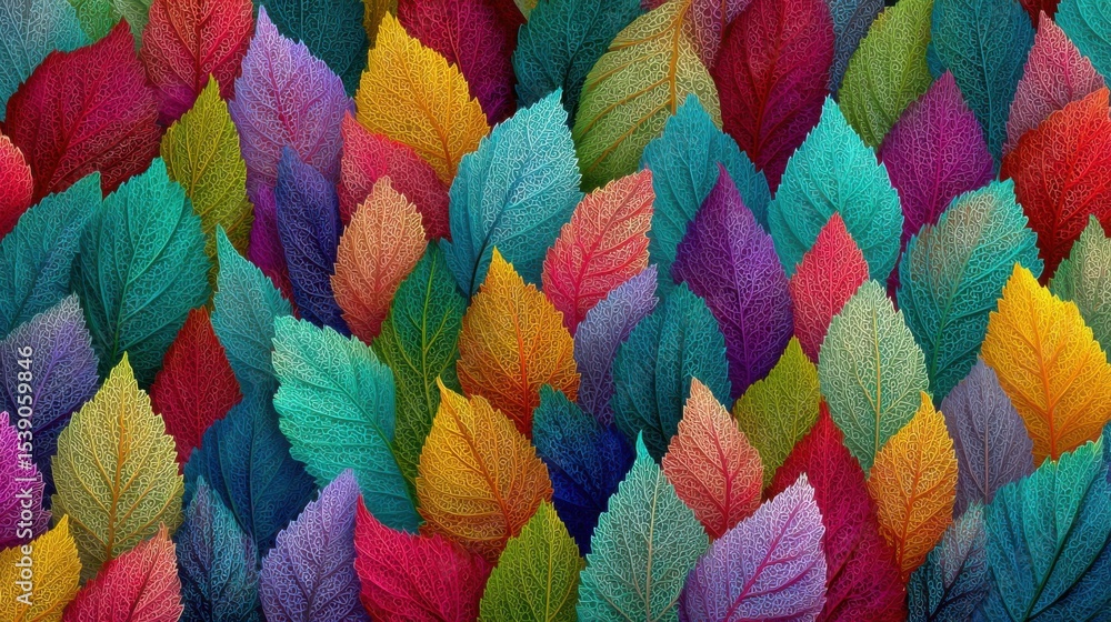 Poster a colorful leafy background with a variety of colors. the leaves are arranged in a way that creates 