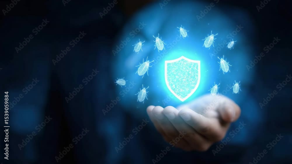 Aufkleber a digital shield and glowing bugs hover above an open hand, symbolizing cybersecurity protection aga
