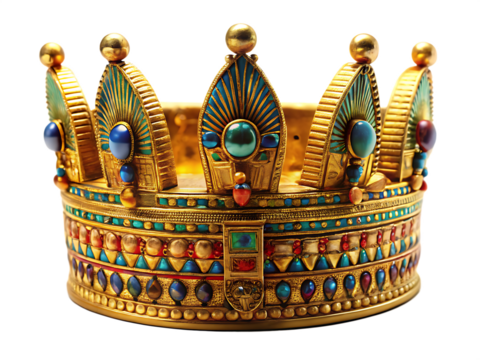 A detailed view of an ornate golden crown adorned with colorful jewels and intricate designs on a black background