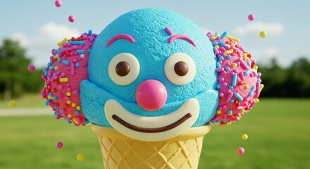 Playful Clown Face Ice Cream Cone with Sprinkles