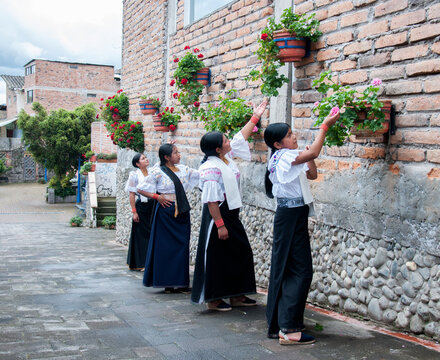 Indigenous ecuadorian women tending hanging flower pots on brick wall