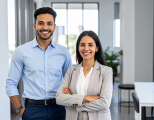 Smiling business colleagues light blue shirt grey suit office setting