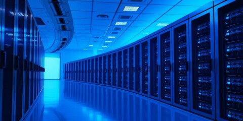 Sleek minimalist data center; blue-lit server racks, high-tech storage,  abstract,  technology center