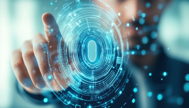 Cutting-Edge Biometric Authentication Technology For Enhanced Security In Digital Realm. User Engages In Fingerprint Scan For Secure Access And Data Protection. Internet Banking.