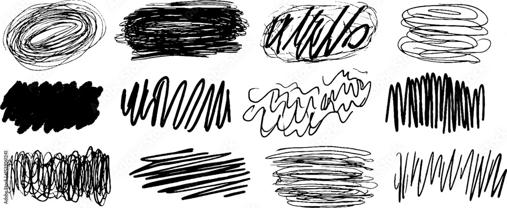 Poster abstract collection of twelve hand drawn stacked scribble forms for artistic design projects