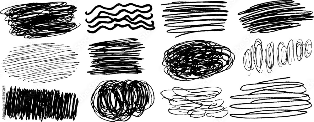 Poster artistic collection of twelve unique hand drawn scribble forms for creative design