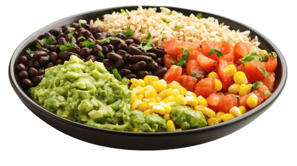 Vegan burrito bowl with brown rice, black beans, corn, tomatoes, and guacamole isolated on transparent background 