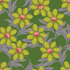 Elegant seamless floral pattern with fall flowers. Repeatable botanical background. Flat vector illustration