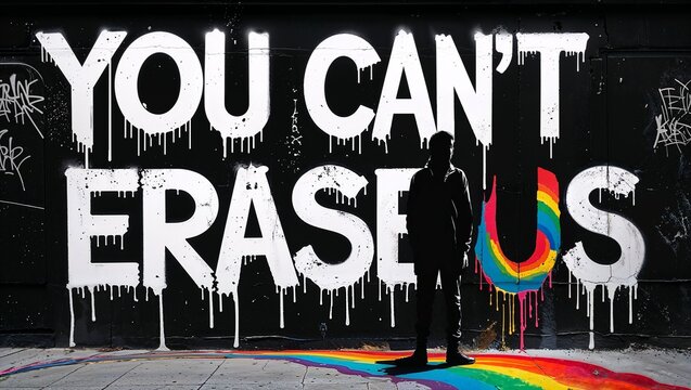 Graffiti artwork on a gritty urban wall with bright rainbow colors and bold LGBTQ+ pride symbolism, carrying the defiant and empowering message: “YOU CAN’T ERASE US” in vivid street art style.