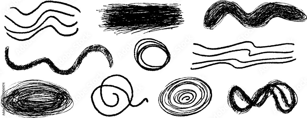 Poster collection of twelve tangled loops and scribbles hand drawn for abstract design