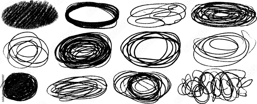 Poster collection of twelve unique hand-drawn tangled loop shapes for artistic and design projects