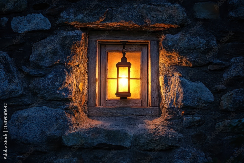 Poster rustic lantern shines through an old stone window frame in the evening glow, rustic lantern illumina
