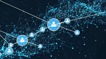 Digital network visualization with interconnected user icons and glowing data points forming a complex web structure, representing communication, data sharing, or social media interaction. - Powered by Adobe