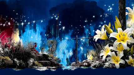 Obraz premium White and yellow lilies by a fence with glowing lights at night.