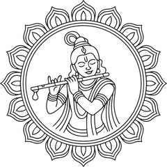 Lord Krishna playing flute in lotus mandala, traditional Hindu deity line art illustration © Pritam