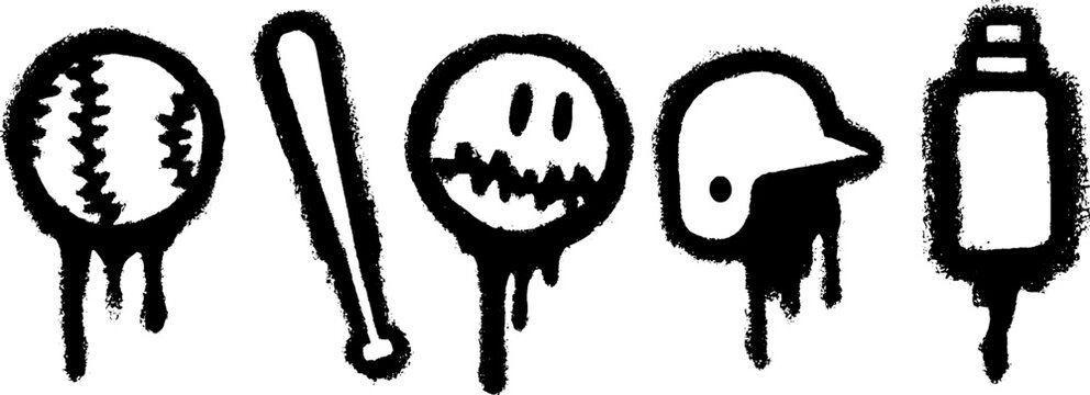 Urban grunge baseball icons set featuring bat, helmet, ball, and chewing gum design