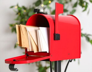 Red Mailbox Filled with Letters and Envelopes
