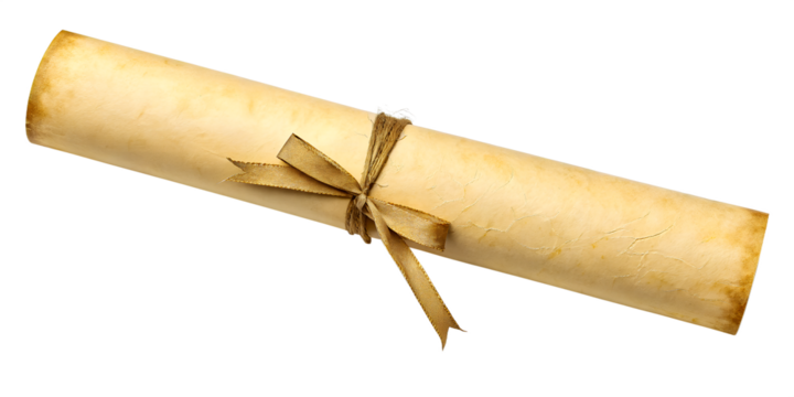 Old Vintage Paper, Aged parchment scroll tied with gold ribbon on transparent background, PNG.