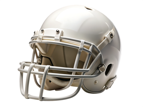 A close up shot of a white football helmet with a face mask on a black isolated background view