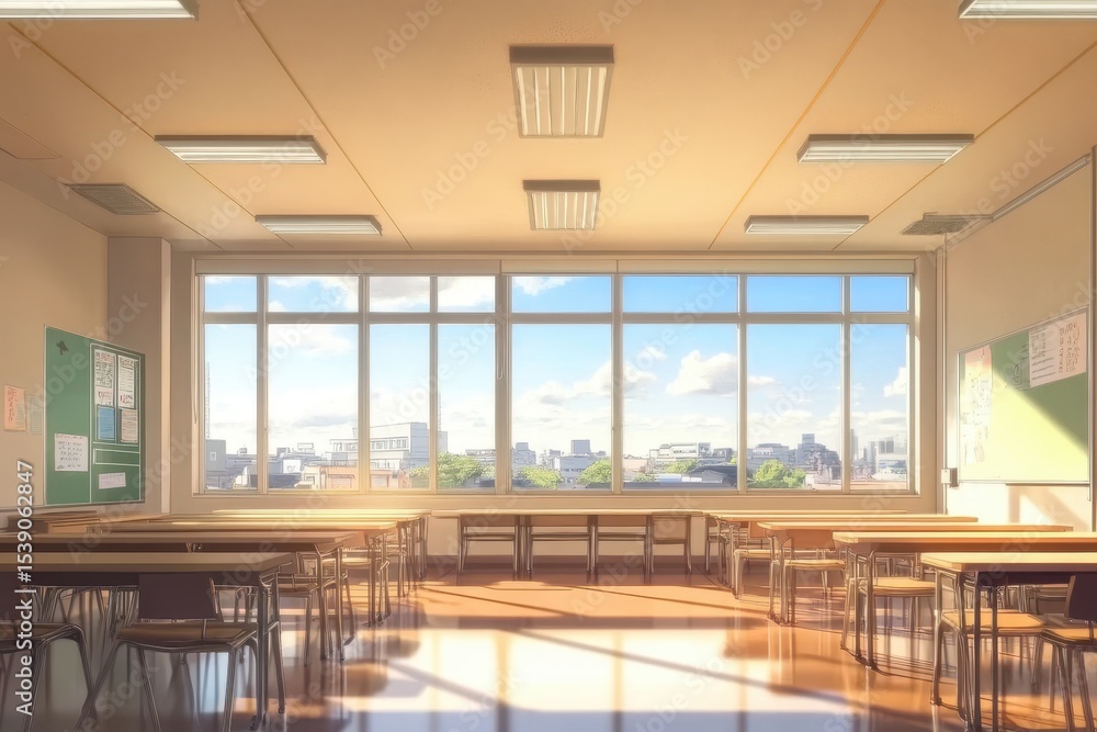 Poster bright classroom with large windows offering a view of the cityscape and natural light illuminating 