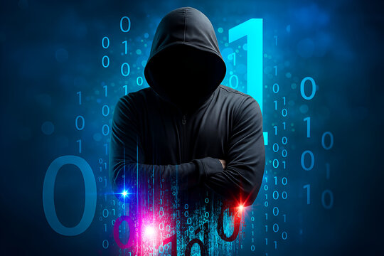 Hacker in Hoodie Standing in Front of Blue Digital Binary Code Background Representing Cybersecurity Threat, Data Breach, and Online Privacy Attack