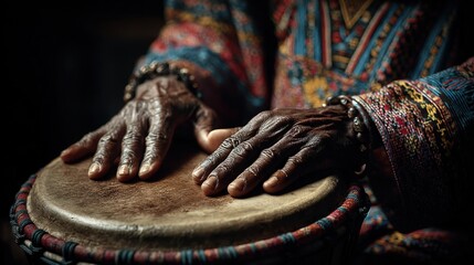 A musician plays a traditional drum with skilled hands, showcasing the artistry and rhythm during a lively cultural gathering filled with vibrant colors and rich sounds.
