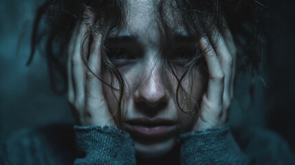 A young woman with disheveled hair clutches her head in despair, sitting in a shadowy environment that enhances the feeling of anxiety and distress.