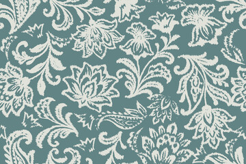 Damask seamless pattern, Ikat floral gothic background, vector illustration, ethnic oriental embroidery, Aztec style, baroque. Design for texture, fabric, clothing, decoration, fashion, textiles  