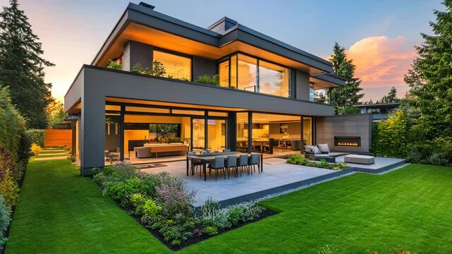 Elegant modern home at twilight with manicured lawn, garden, and open dining room view