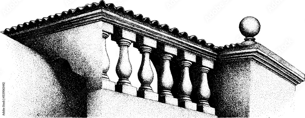 Poster ink sketch style of balustrade and tiled rooftop architecture design