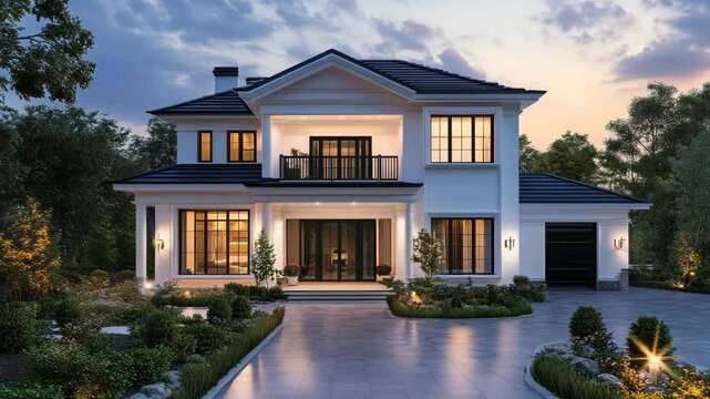 Elegant modern white house exterior with manicured landscaping and gentle evening lights