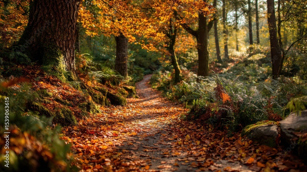 Poster a winding pathway traverses through a serene forest filled with trees adorned in colorful autumn lea