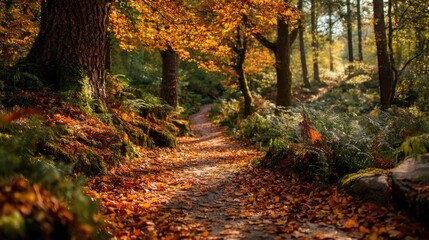 Obraz premium A winding pathway traverses through a serene forest filled with trees adorned in colorful autumn leaves. The sunlight creates a warm glow, enhancing the fall scenery.