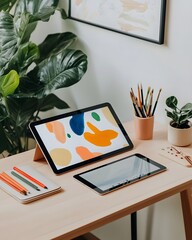 Desk with a computer, two tablets, and a potted plant