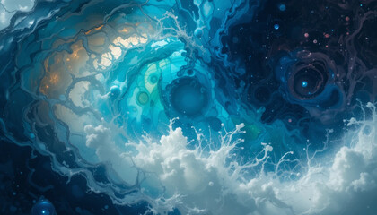 Cosmic Cloudscape: Abstract Blue and White Swirl Nebula Painting .