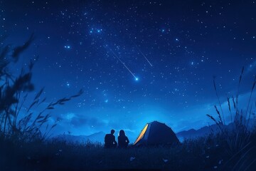 Fototapeta premium Couple camping under a starry sky while watching shooting stars on a romantic night, romantic Photo a couple camping at night watch falling stars on sky
