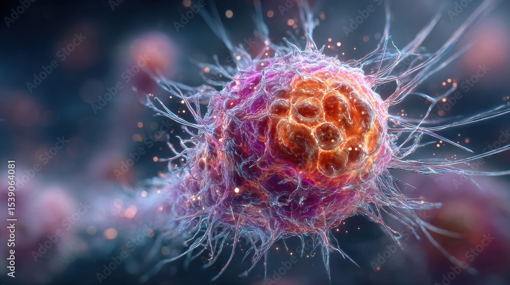 Poster a detailed illustration showcases a colorful cell with filaments and textures, highlighting its comp